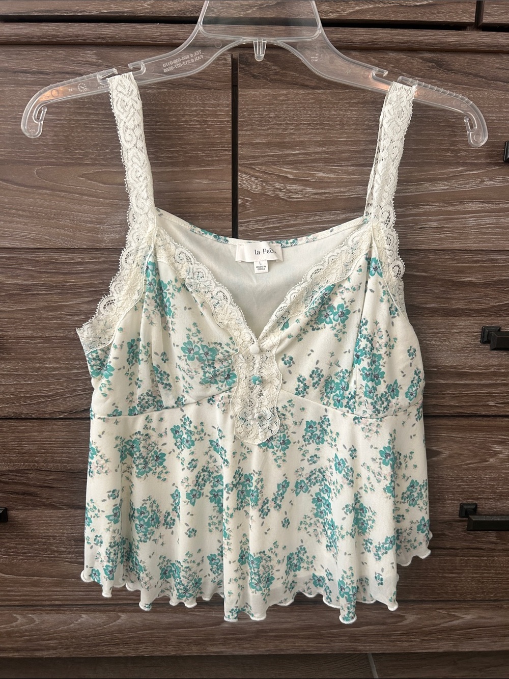 La Perla Cream Camisole with Teal Floral Print and Lace Trim